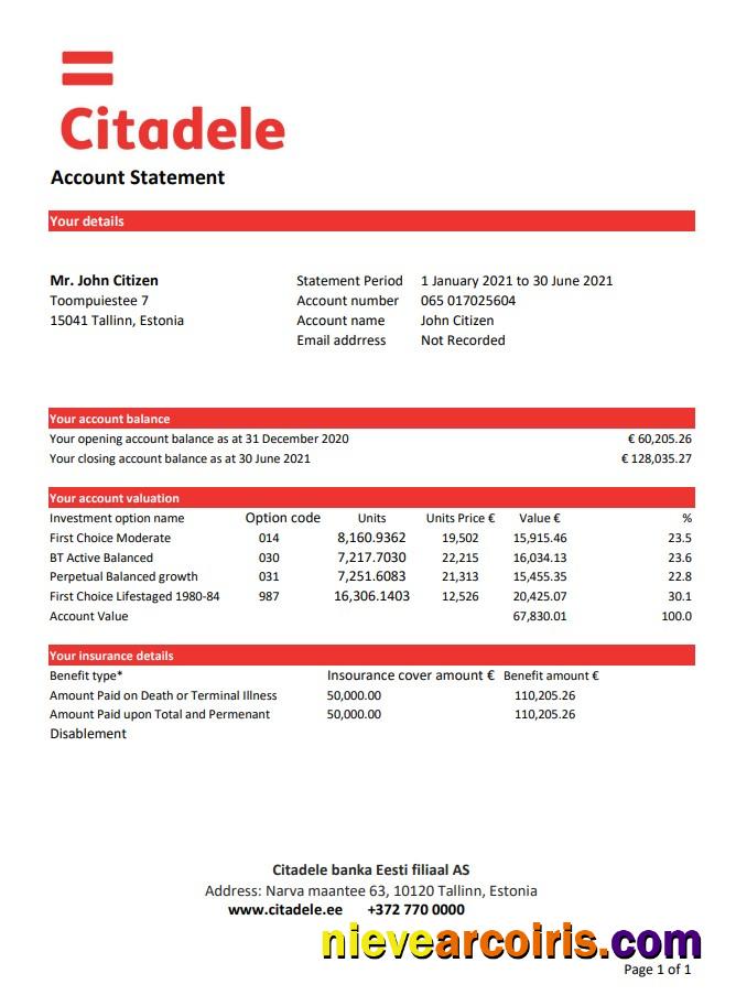 Estonia Citadele banka Eesti filiaal AS bank statement in Excel and PDF format